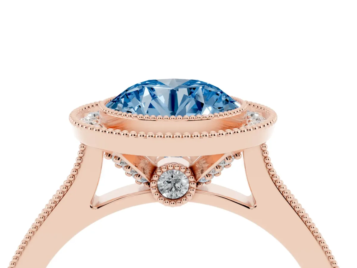 Fancy Blue Halo Round Cut-Cut Diamond Pave Band Milgrain Prong Setting Ring Rose gold