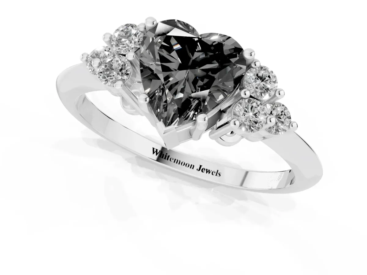 Fancy Black Heart Cut Cut Diamond Cluster Ring with Solitaire Band and Four-Prong Setting Silver