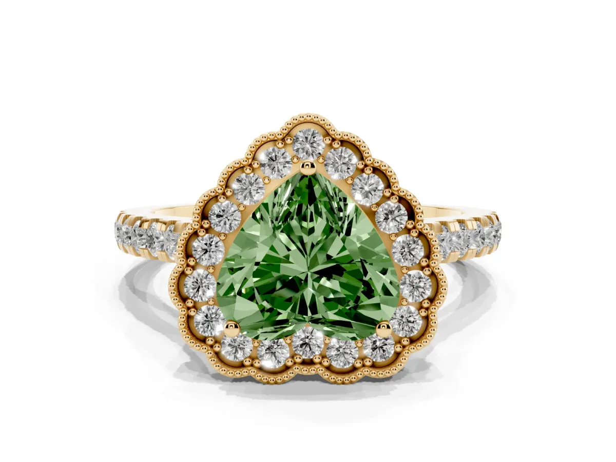 Fancy Green Heart Cut Cut Diamond Milgrain Floral Halo Engagement Ring with Pavé Band Yellow gold
