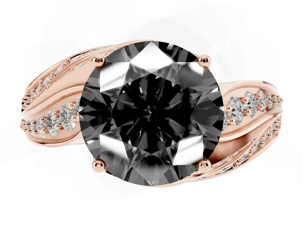 Fancy Black Round Cut Diamond Solitaire Ring with Prong Setting and Twisted Pavé Band Rose gold