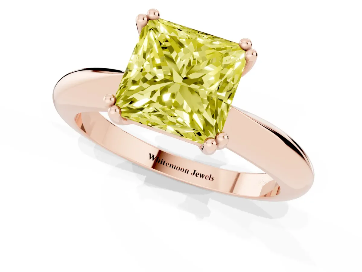 Fancy Yellow Princess Cut Cut Solitaire Engagement Ring with Tapered Band and Four-Prong Setting Rose gold