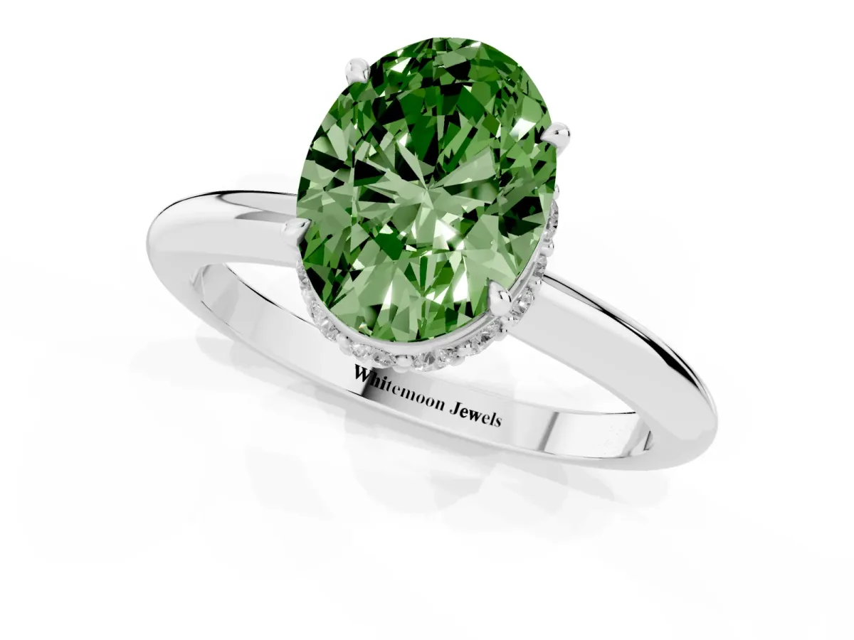 Fancy Green Oval Cut Brilliant Solitaire Engagement Ring with Six-Prong Setting and Classic Band Silver