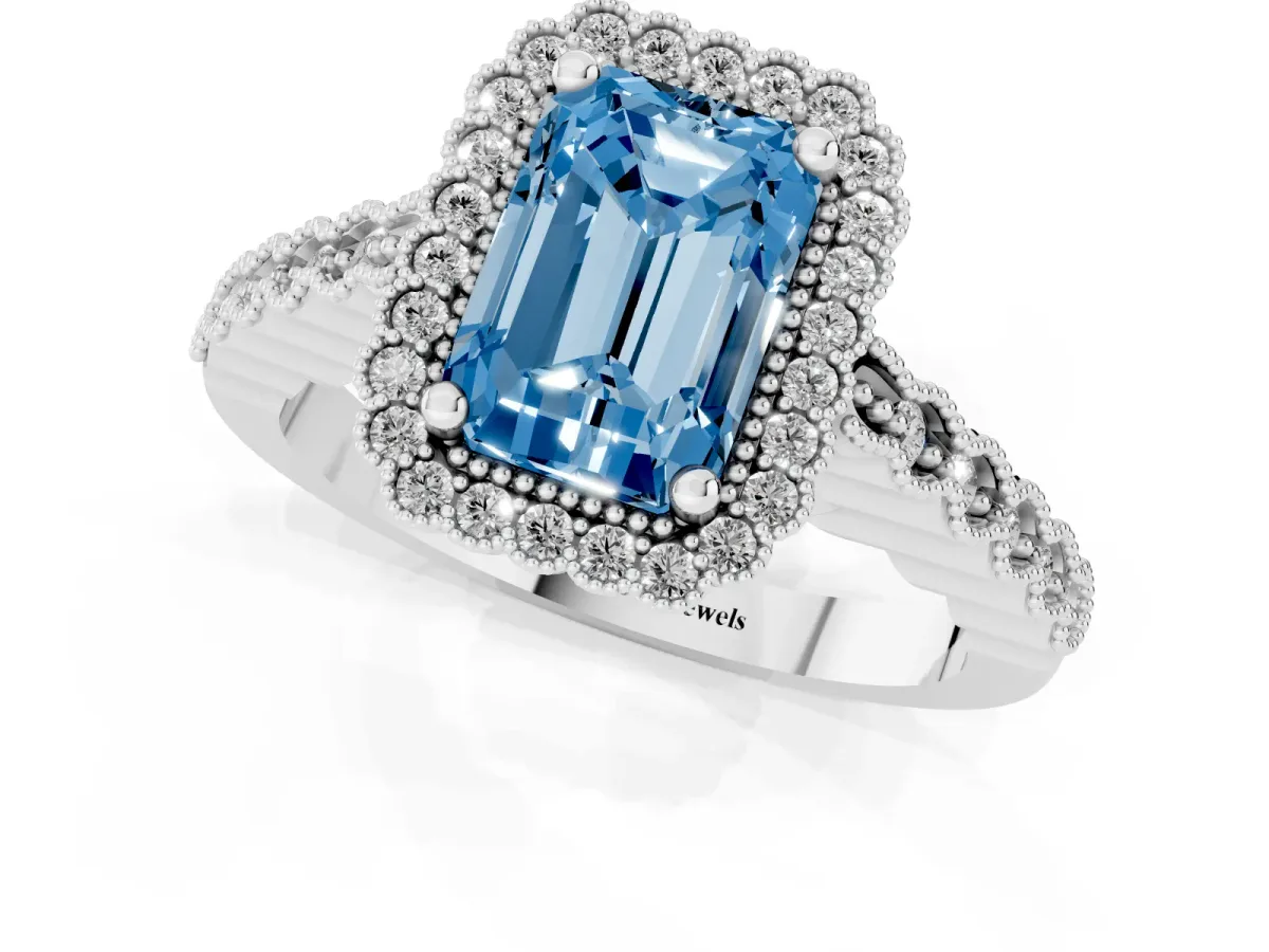 Fancy Blue Radiant Cut Cut Halo Pavé Solitaire Ring with Milgrain Band Silver