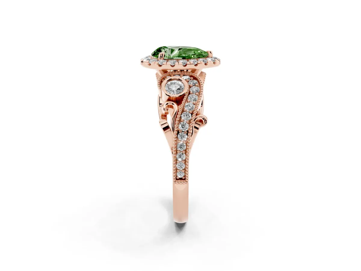 Fancy Green Pear Cut Halo Diamond Ring with Milgrain and Bezel Accents on a Split Shank Band Rose gold