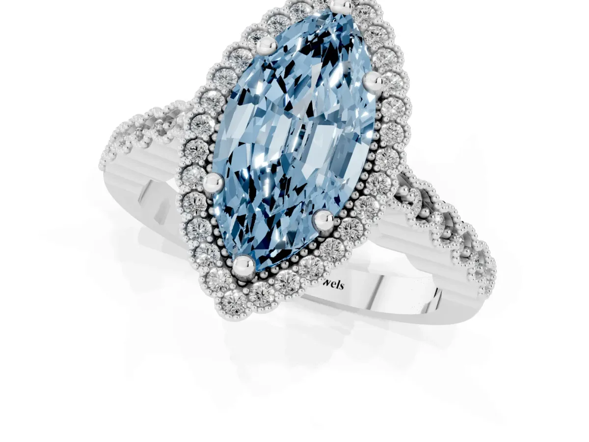 Fancy Blue Marquise Cut Cut Halo Pavé Solitaire Ring with Milgrain Band Silver