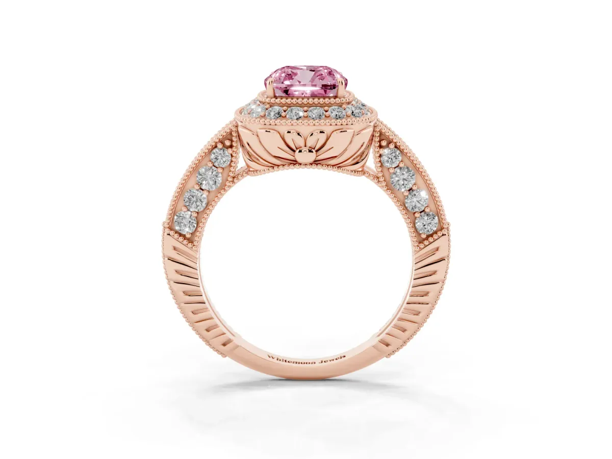 Fancy Pink Cushion Cut Halo Diamond Split Shank Ring with Milgrain Detail Rose gold