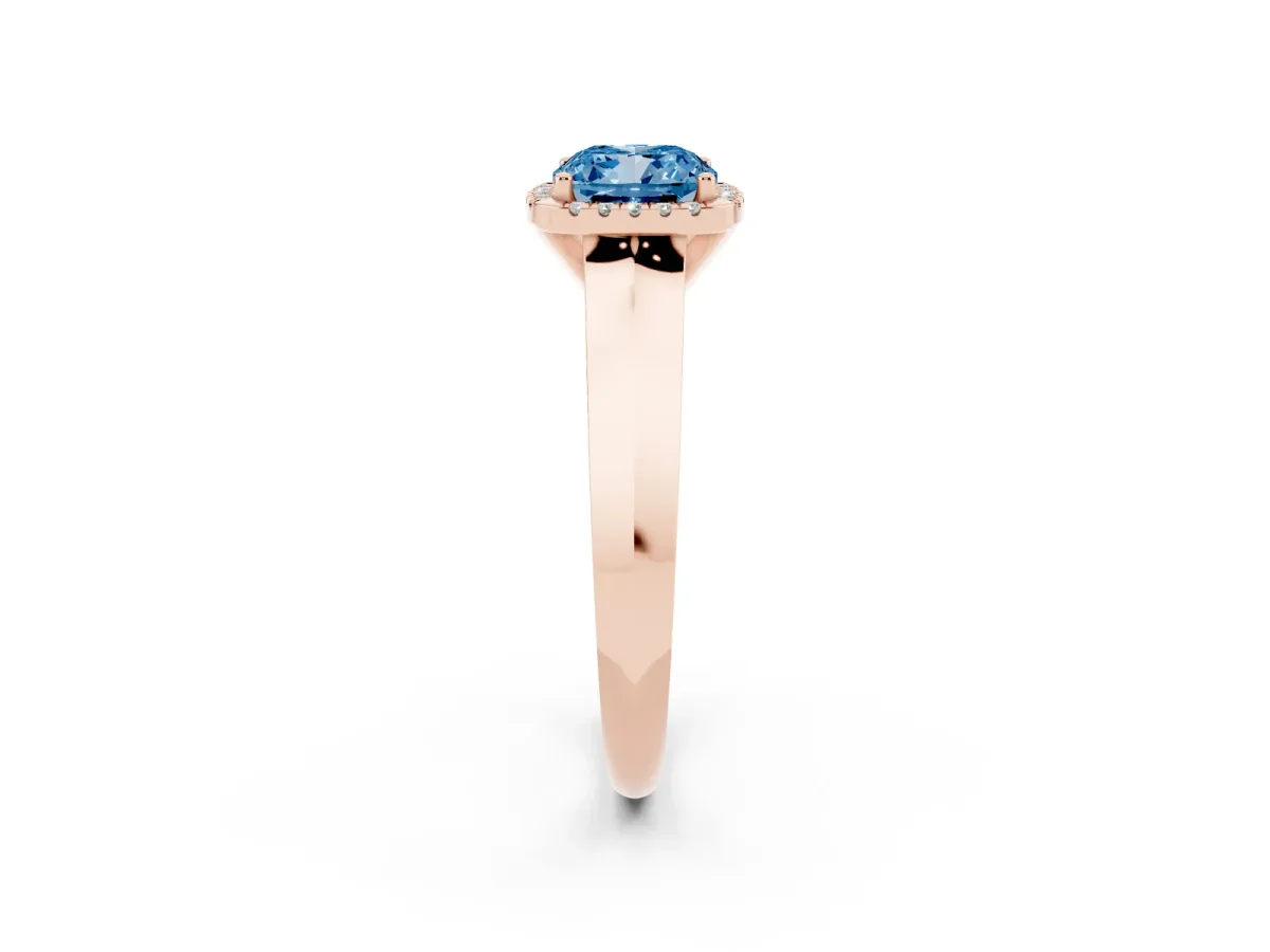 Fancy Blue Cushion Cut Halo Diamond Ring with Cathedral Band and Four-Prong Setting Rose gold