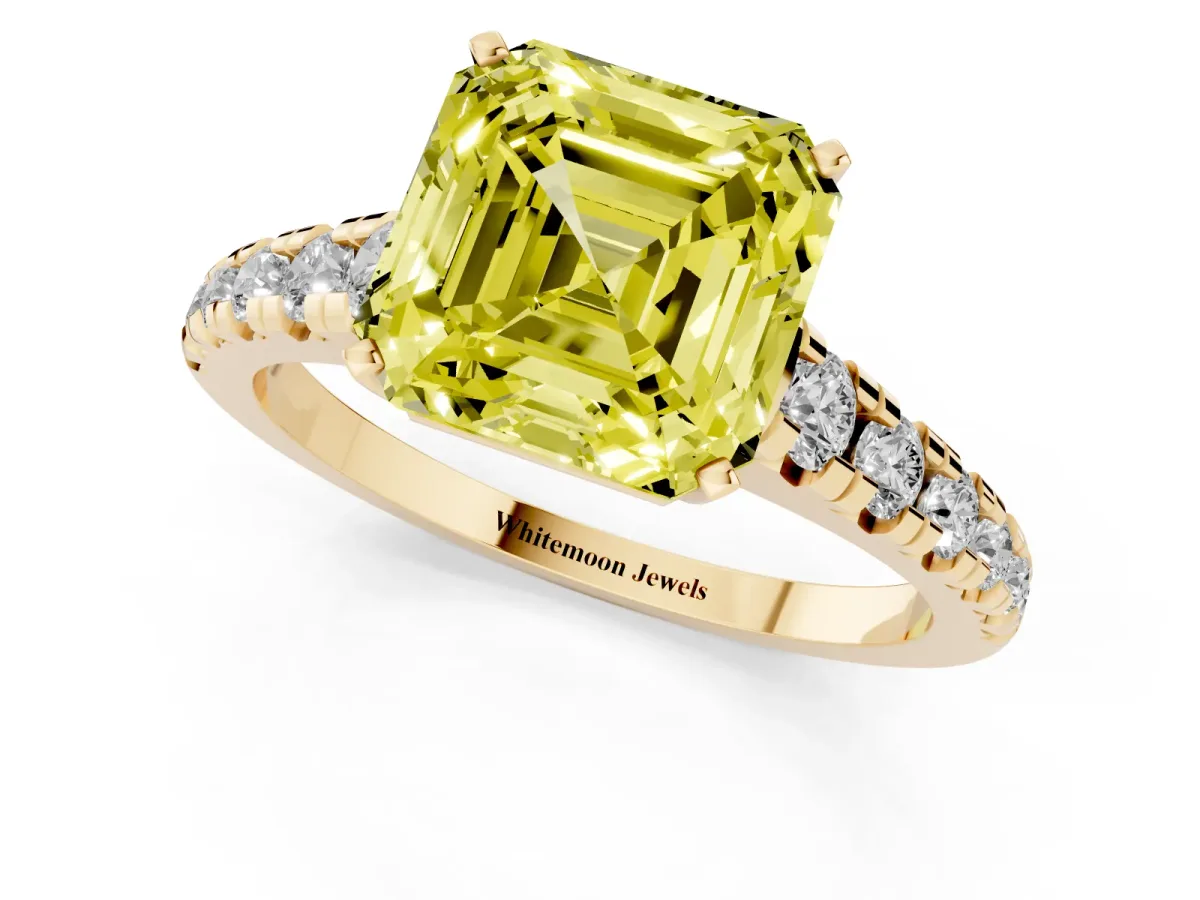 Fancy Yellow Asscher Cut Diamond Cathedral Solitaire Ring with Round Pavé Band Yellow gold