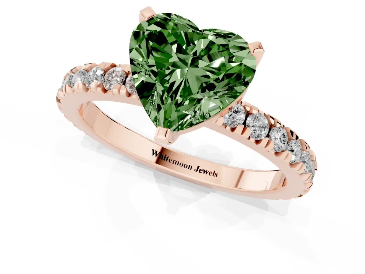 Fancy Green Heart Cut Diamond Pavé Band Solitaire with Four-Prong Setting Rose gold