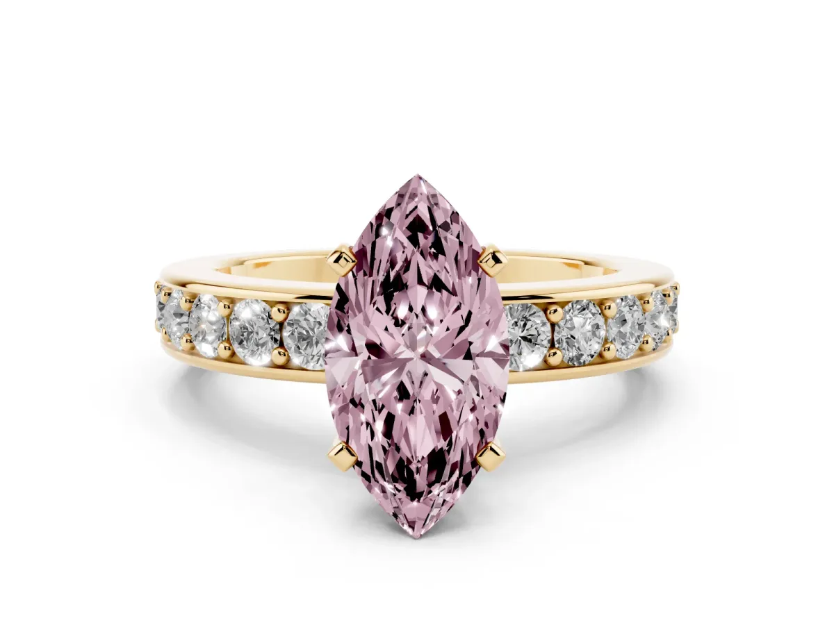 Fancy Pink Marquise Cut Diamond Engagement Ring with Channel Set Round Band and Prong Setting Yellow gold