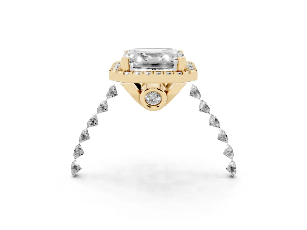 Asscher Cut Halo Pavé Diamond Engagement Ring with Four-Prong Setting Yellow gold