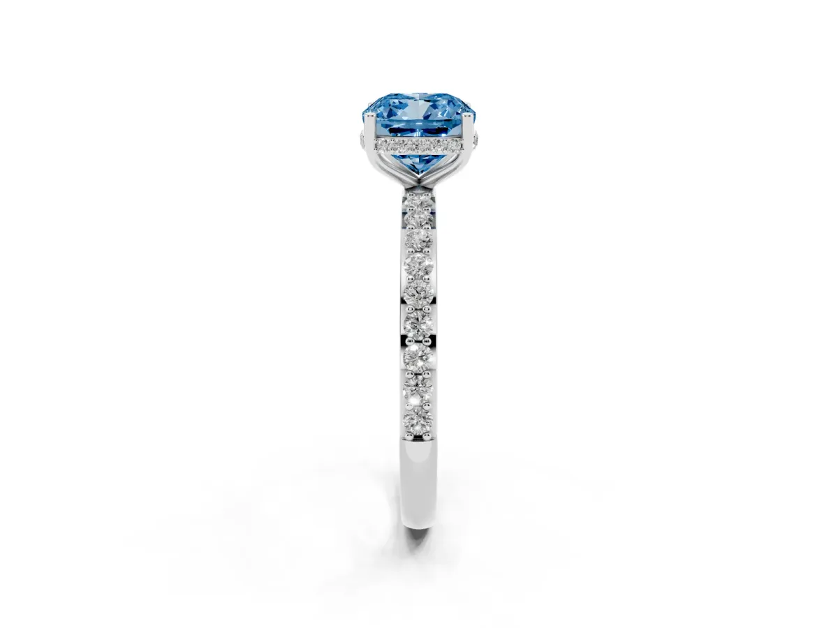 Fancy Blue Cushion Cut Diamond Solitaire Ring with Pavé Band and Hidden Halo Silver