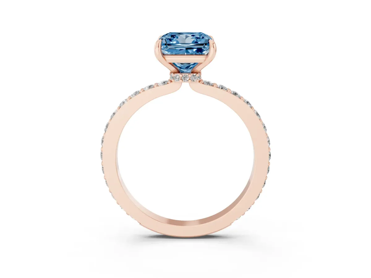 Fancy Blue Princess Cut Diamond Solitaire Engagement Ring with Pavé Band and Four-Prong Setting Rose gold
