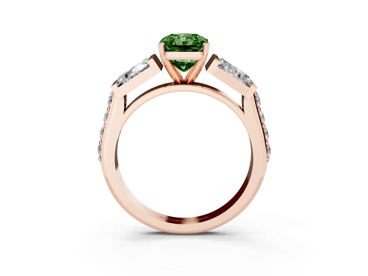 Fancy Green Radiant Cut Diamond Engagement Ring with Baguette Side Stones and Channel Set Band Rose gold