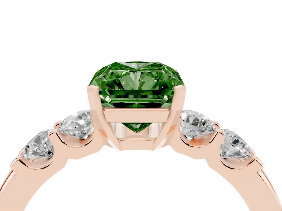 Fancy Green Radiant Cut Brilliant Cut Diamond Five-Stone Prong Set Engagement Ring with Channel Band Rose gold