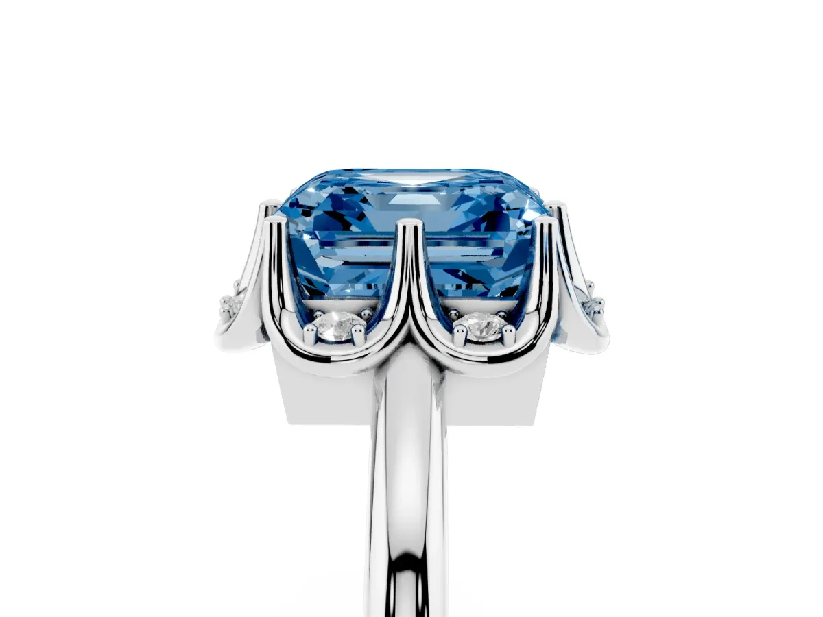 Fancy Blue Asscher Cut Halo Diamond Ring with Round Cluster Setting, Solitaire Band, and Four-Prong Setting Silver