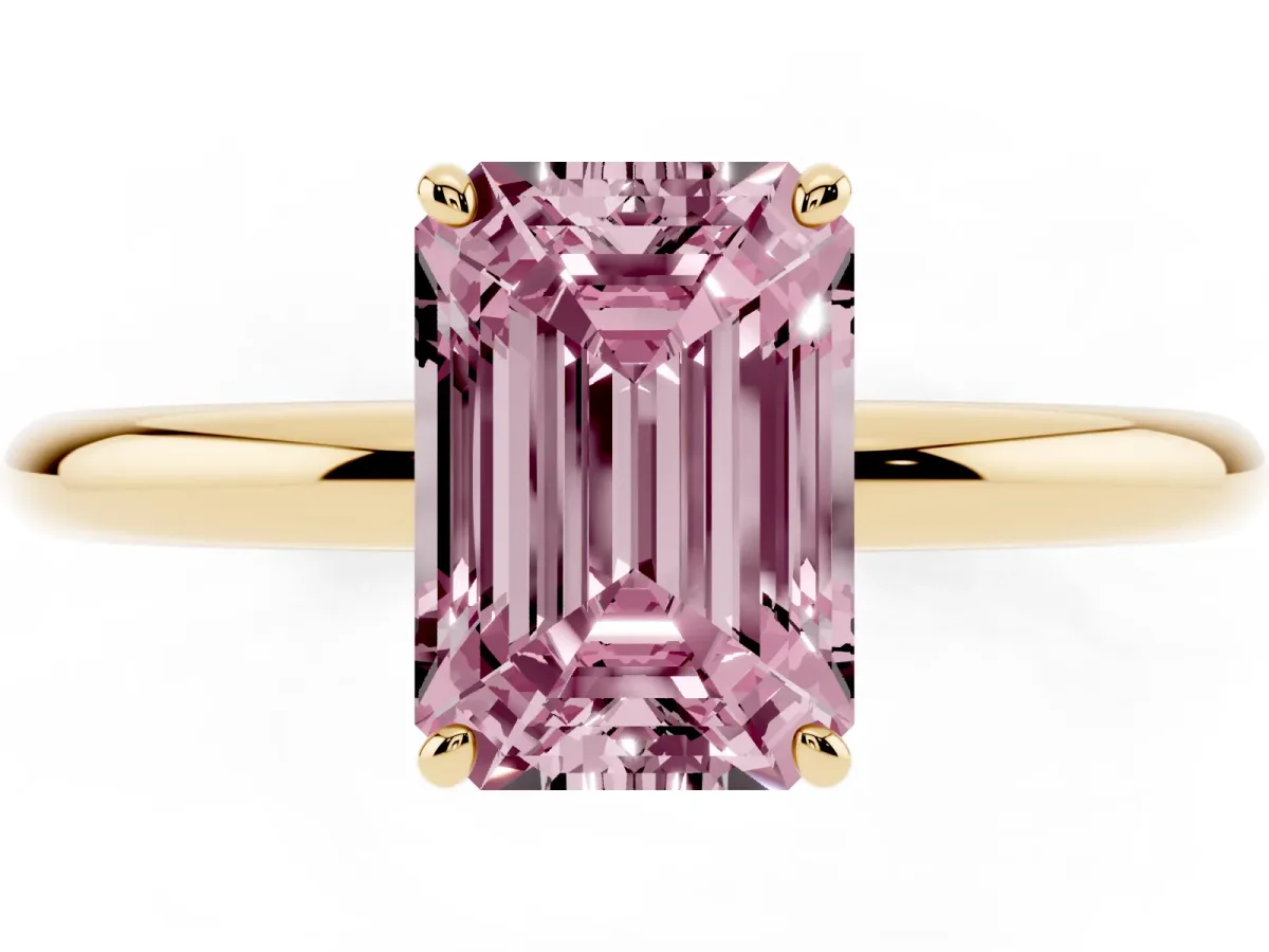 Fancy Pink Emerald Cut Solitaire Diamond Ring with Four-Prong Setting on a Plain Band Yellow gold