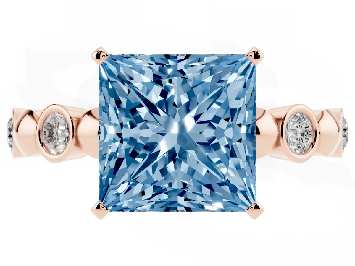 Fancy Blue Princess Cut Solitaire Bezel-Set Diamond Ring with Beaded Band and Four-Prong Setting Rose gold