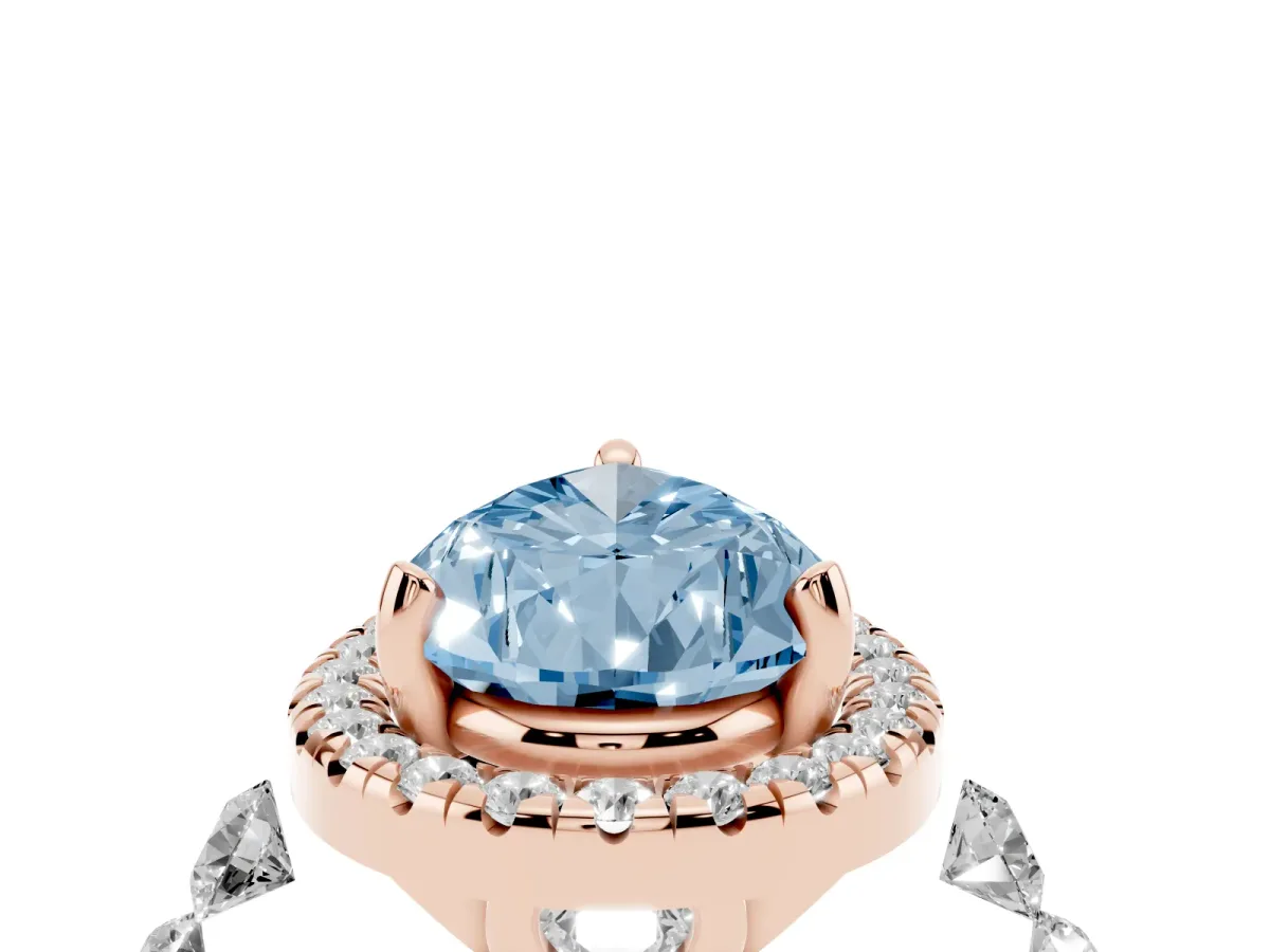 Fancy Blue Pear Cut Halo Pavé Diamond Engagement Ring with Four-Prong Setting Rose gold