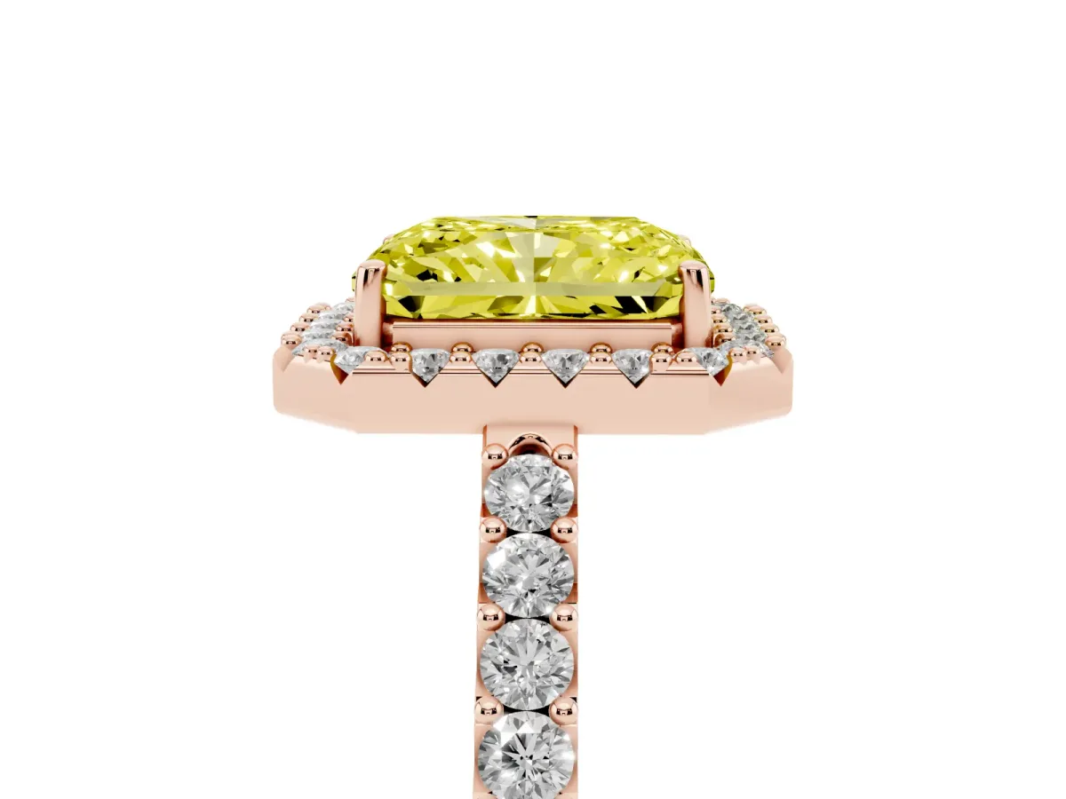 Fancy Yellow Radiant Cut Halo Diamond Pavé Solitaire Ring Rose gold