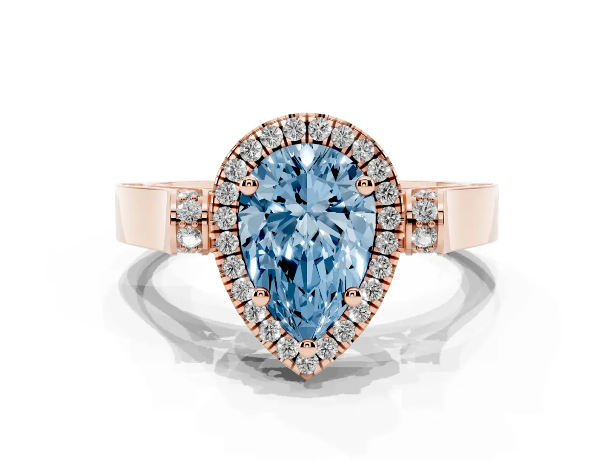 Fancy Blue Pear Cut Halo Pave Split Shank Prong Setting Ring Rose gold