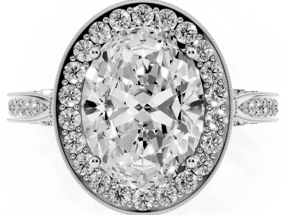 Oval Cut Halo Diamond Engagement Ring with Split Shank Band and Four-Prong Setting Silver