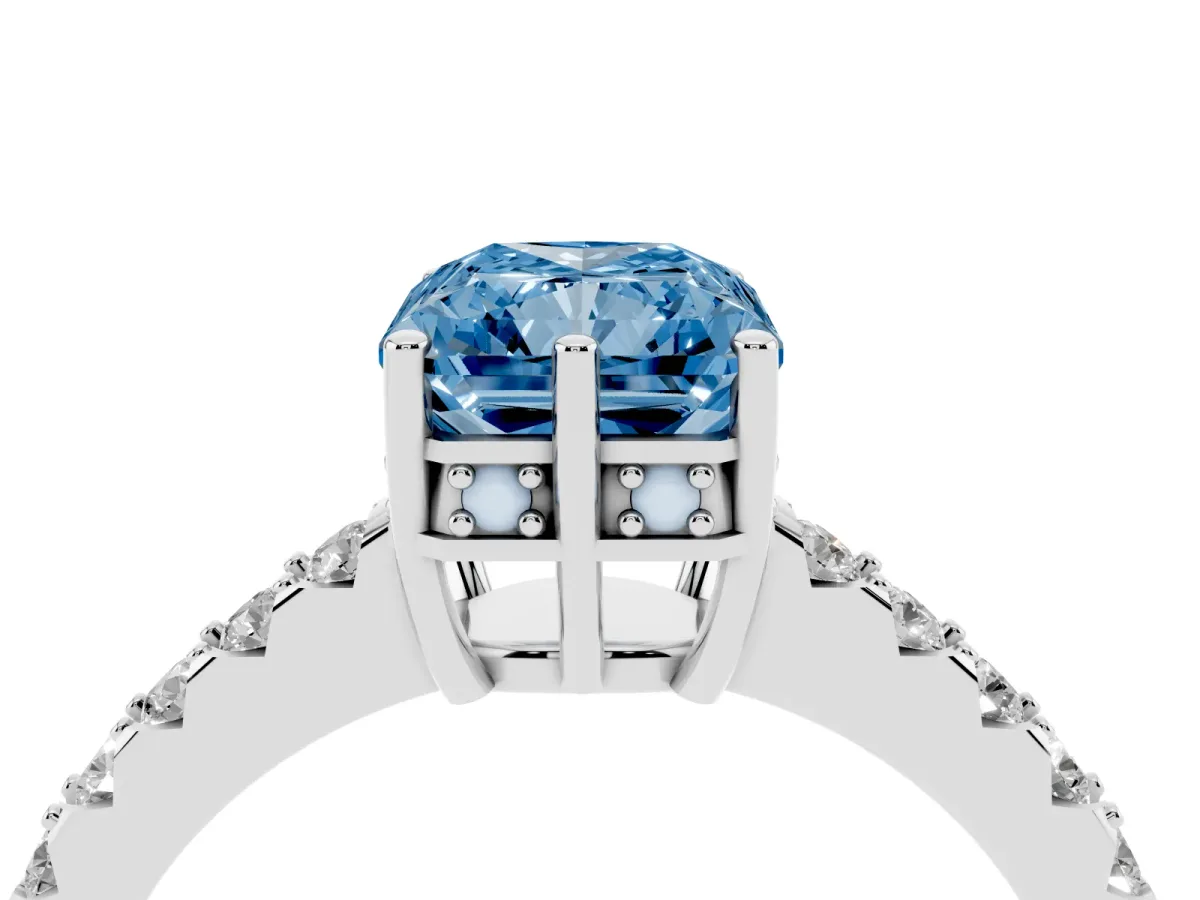 Fancy Blue Radiant Cut Solitaire Diamond Engagement Ring with Pavé Band and Six-Prong Setting Silver