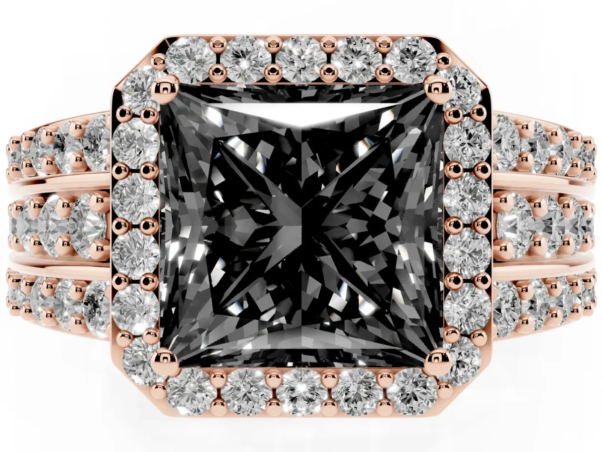 Fancy Black Princess Cut Halo Diamond Ring with Round Split Shank and Prong Setting Rose gold
