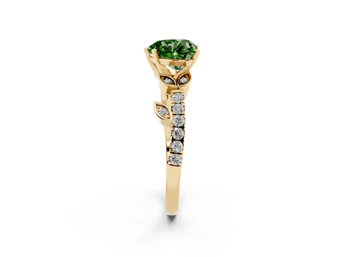 Fancy Green Heart Cut Solitaire Leaf-Inspired Diamond Ring with Pavé Band and Four-Prong Setting Yellow gold