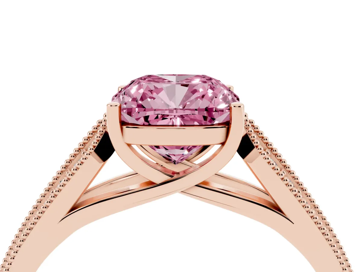 Fancy Pink Cushion Cut Cut Pave Split Shank Engagement Ring with Four-Prong Setting Rose gold