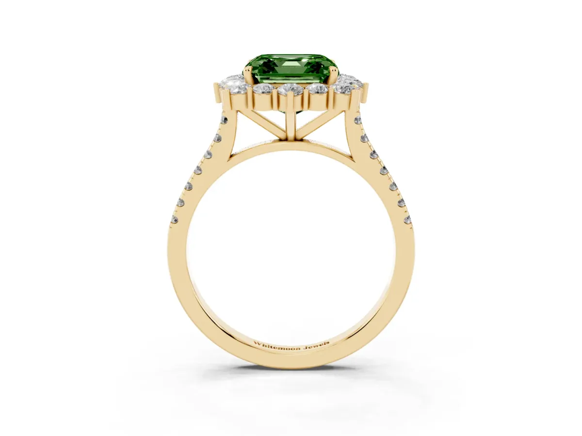 Fancy Green Asscher Cut Halo Diamond Ring with Pavé Band and Prong Setting Yellow gold