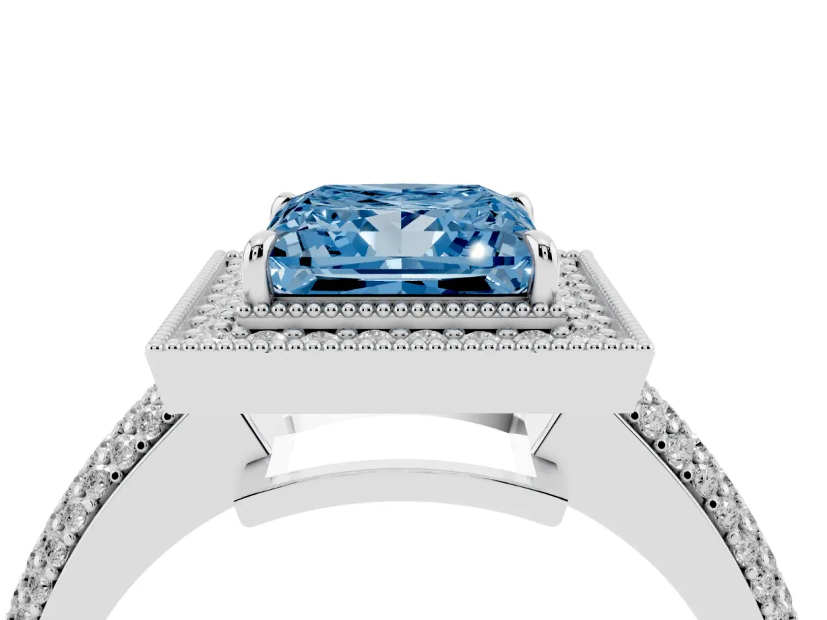 Fancy Blue Princess Cut Cut Halo Diamond Pave Band with Four-Prong Setting Silver