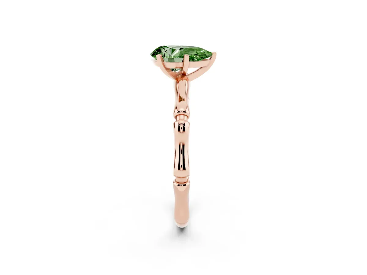 Fancy Green Pear Cut Solitaire Diamond Ring with Bamboo Band and Four-Prong Setting Rose gold