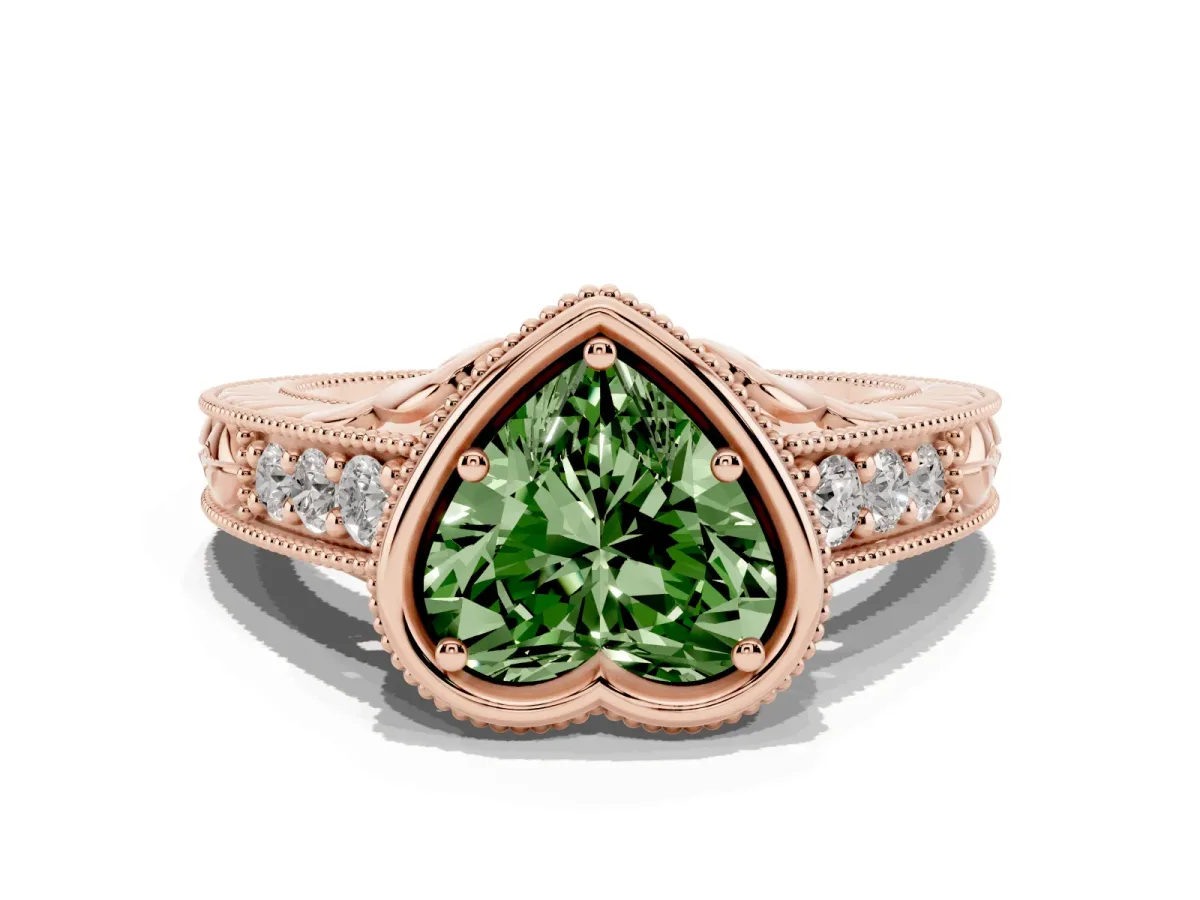 Fancy Green Bezel Set Heart Cut Diamond Milgrain Pave Engagement Ring Rose gold