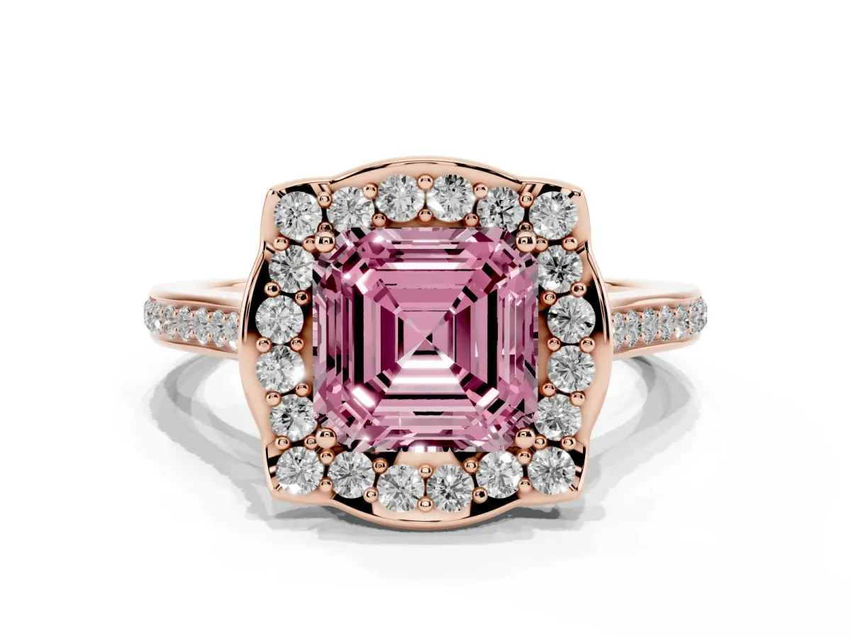 Fancy Pink Asscher Cut Halo Round Diamond Pave Band with Four-Prong Setting Rose gold