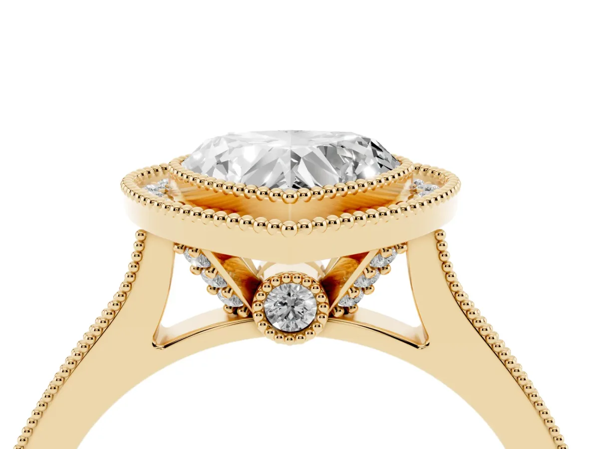 Halo Heart Cut-Cut Diamond Pave Band Milgrain Prong Setting Ring Yellow gold