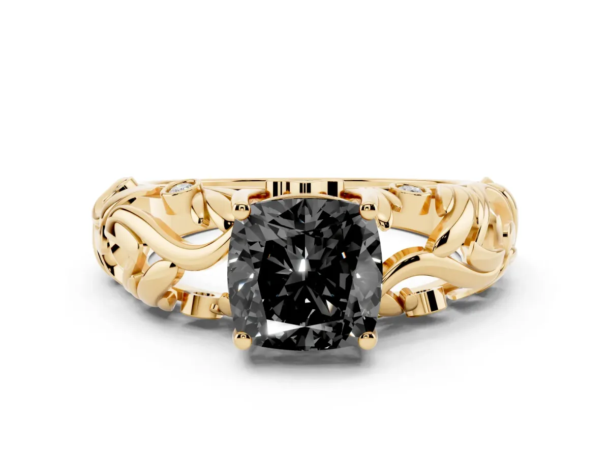 Fancy Black Cushion Cut Solitaire Diamond Leaf-Inspired Vine Band Ring with Prong Setting Yellow gold