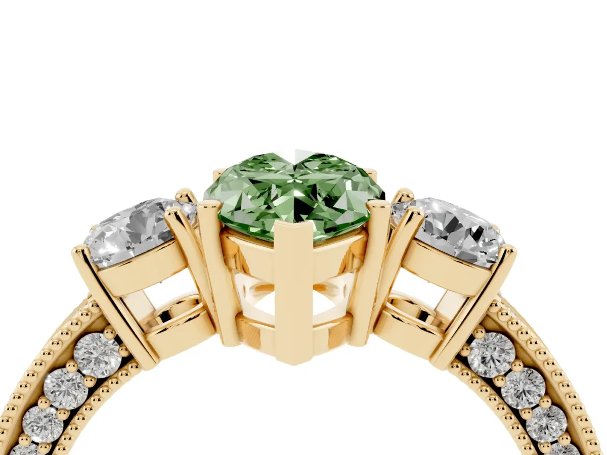 Fancy Green Marquise Cut Three-Stone Diamond Ring with Pavé Band and Four-Prong Setting Yellow gold
