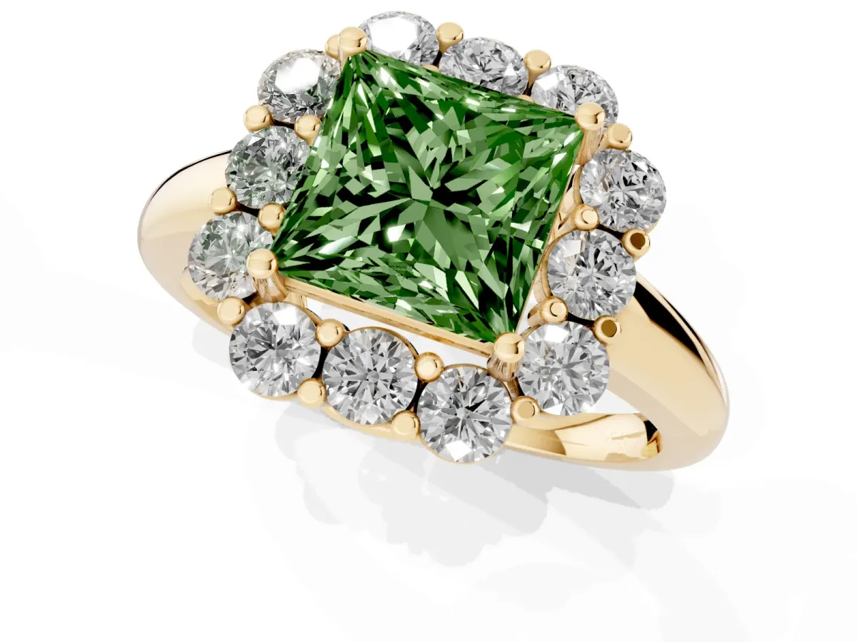 Fancy Green Princess Cut Halo Milgrain Solitaire with Bezel Set Side Stones and Pave Band Yellow gold
