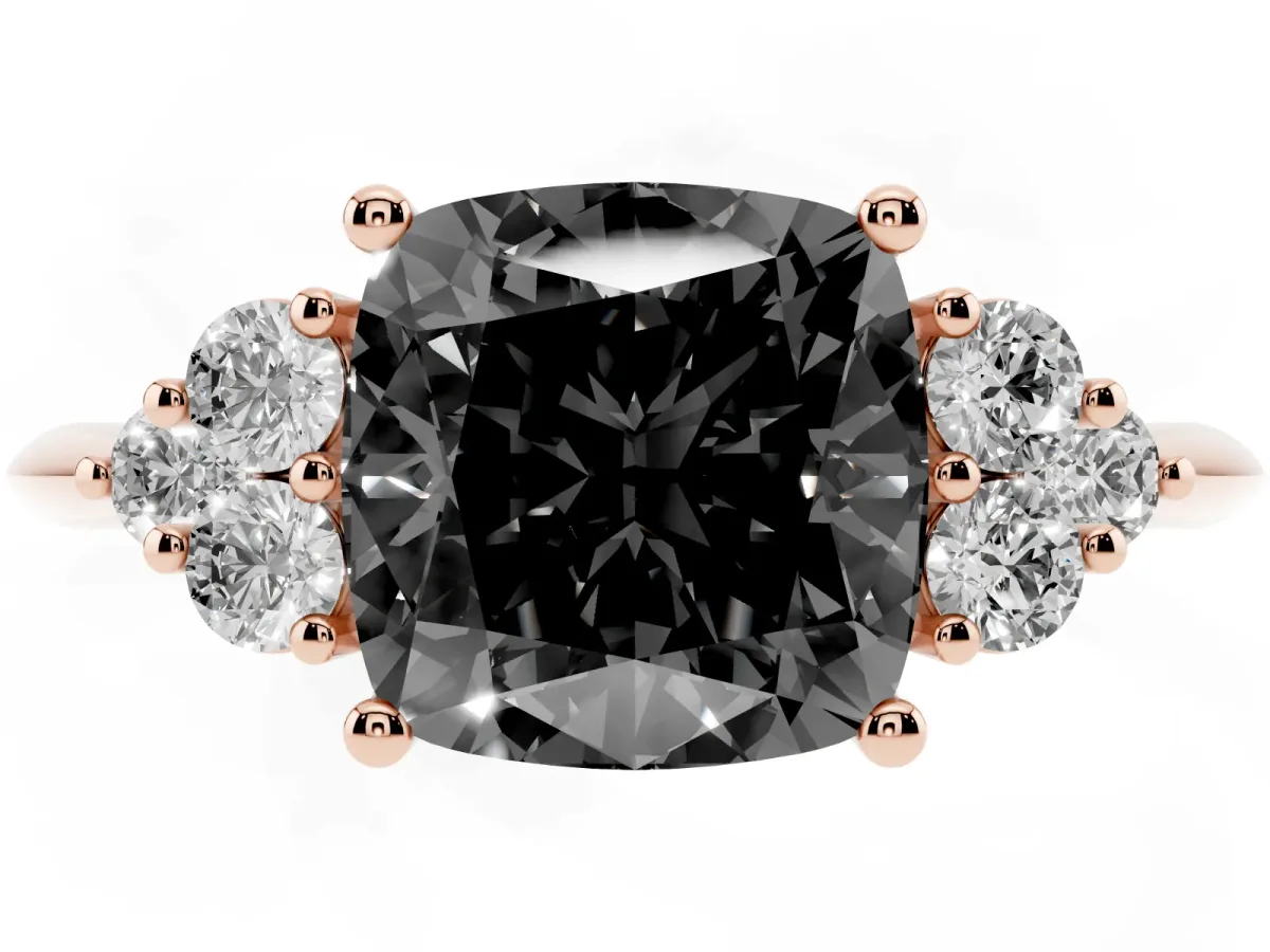 Fancy Black Cushion Cut Cut Diamond Cluster Ring with Solitaire Band and Four-Prong Setting Rose gold