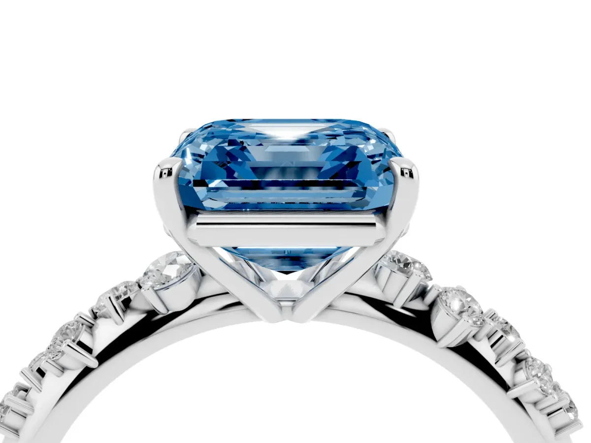 Fancy Blue Asscher Cut Diamond Cluster Side Stone Solitaire Ring with Prong Setting Silver
