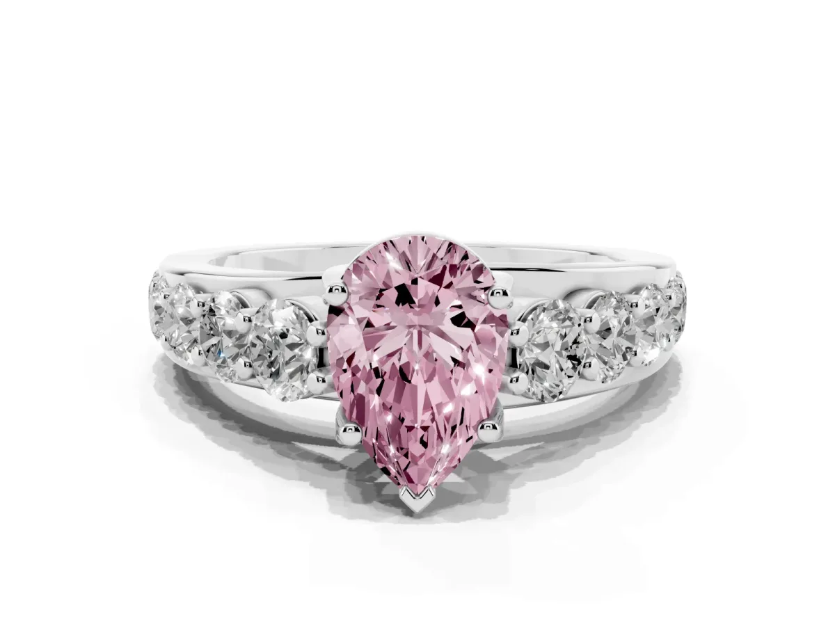 Fancy Pink Pear Cut Diamond Engagement Ring with Pavé Band and Four-Prong Setting White gold