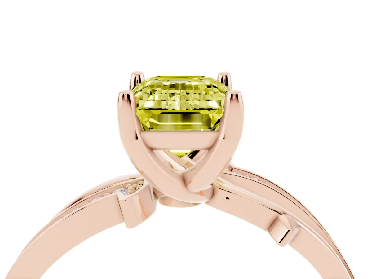 Fancy Yellow Emerald Cut Solitaire Twist Band with Pavé Accents and Four-Prong Setting Rose gold