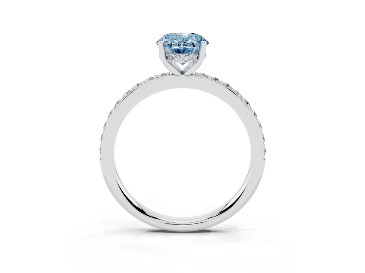 Fancy Blue Oval Cut Cut Diamond Pavé Band Ring with Four-Prong Setting Silver