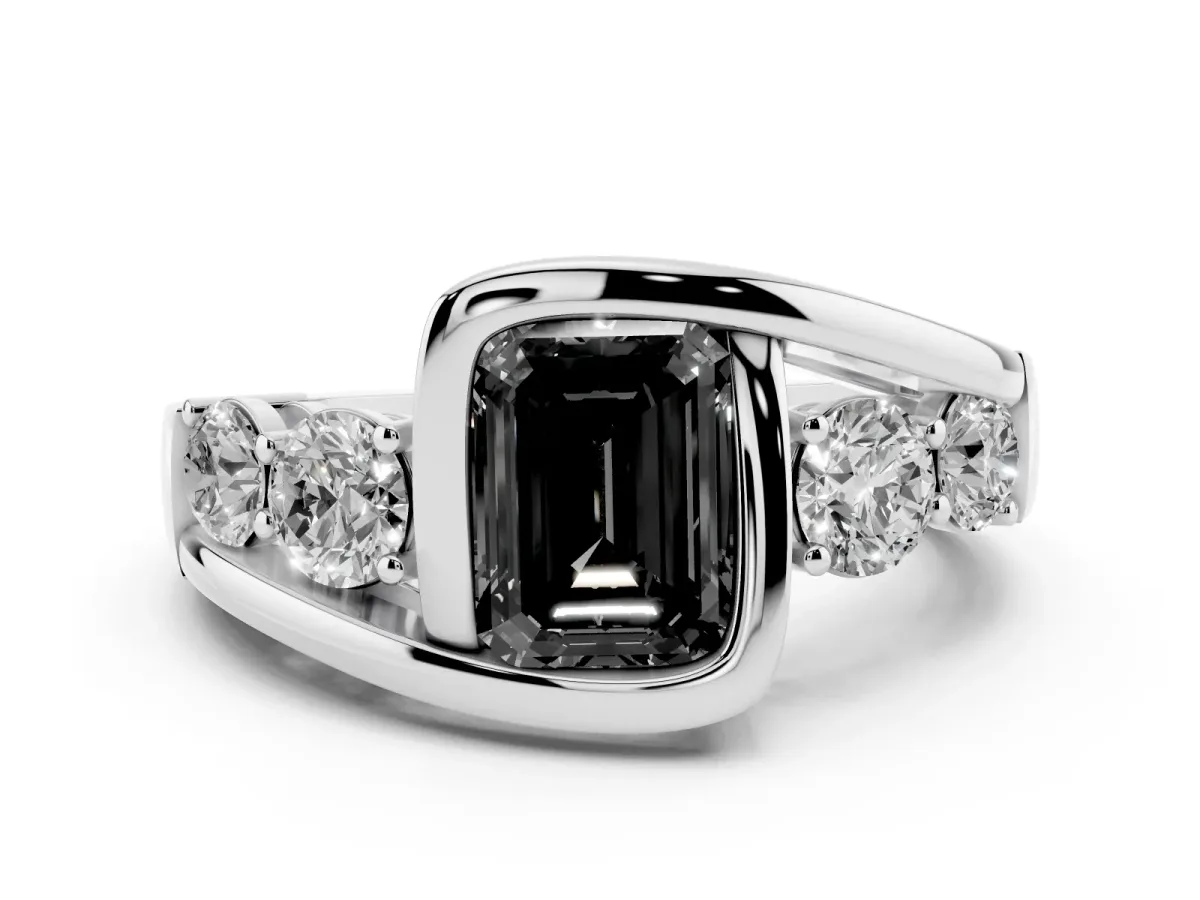 Fancy Black Bezel Set Emerald Cut Diamond Bypass Ring with Round Accents White gold