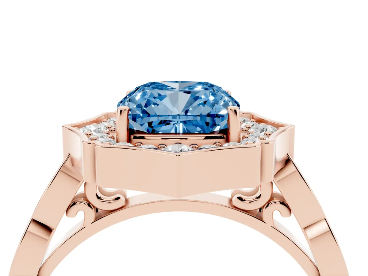 Fancy Blue Cushion Cut Halo Diamond Engagement Ring with Milgrain Band and Four-Prong Setting Rose gold