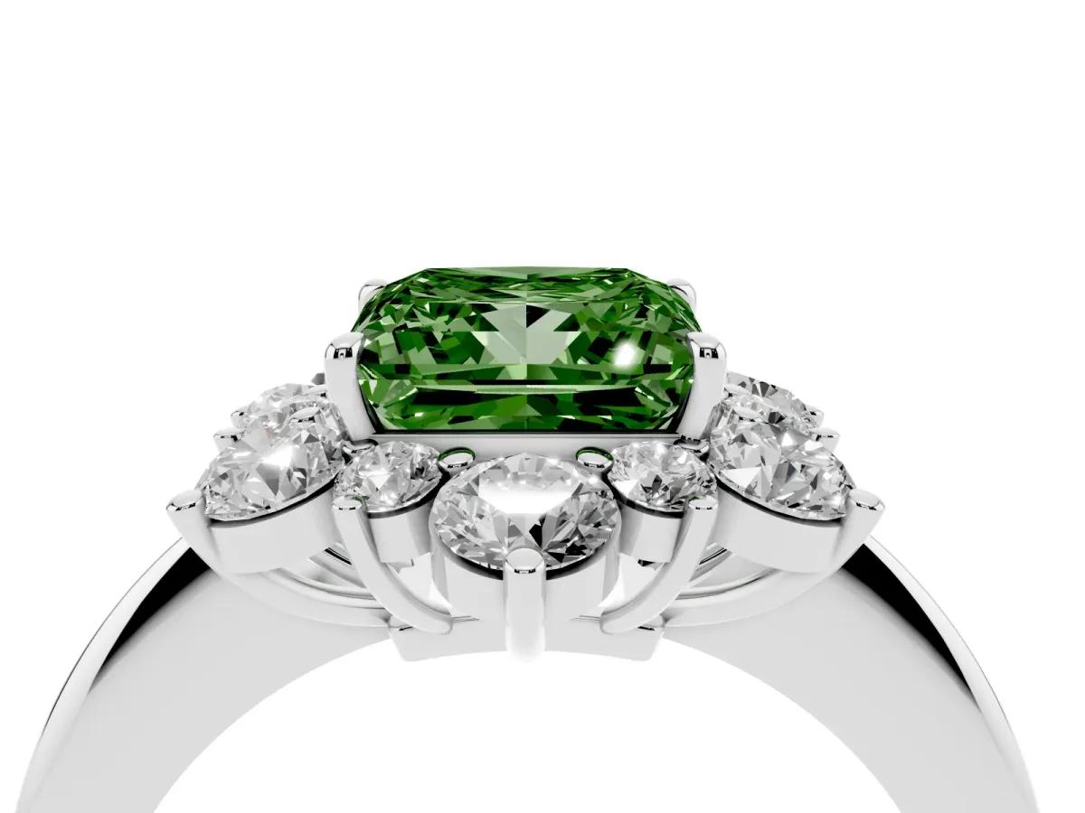 Fancy Green Princess Cut Diamond Cluster Halo Ring with Solitaire Band and Four-Prong Setting Platinum