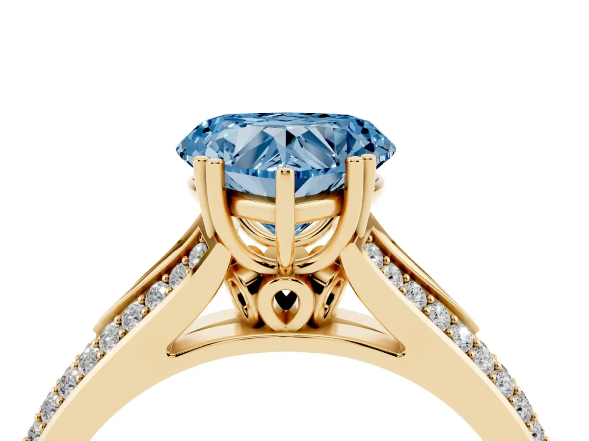 Fancy Blue Heart Cut Diamond Split Shank Engagement Ring with Pavé Band Yellow gold