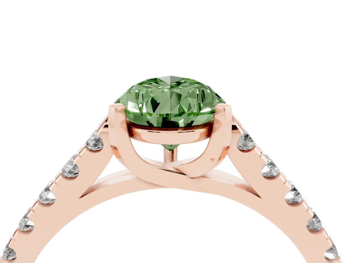 Fancy Green Pear Cut Diamond Pavé Band Solitaire Ring with Prong Setting Rose gold