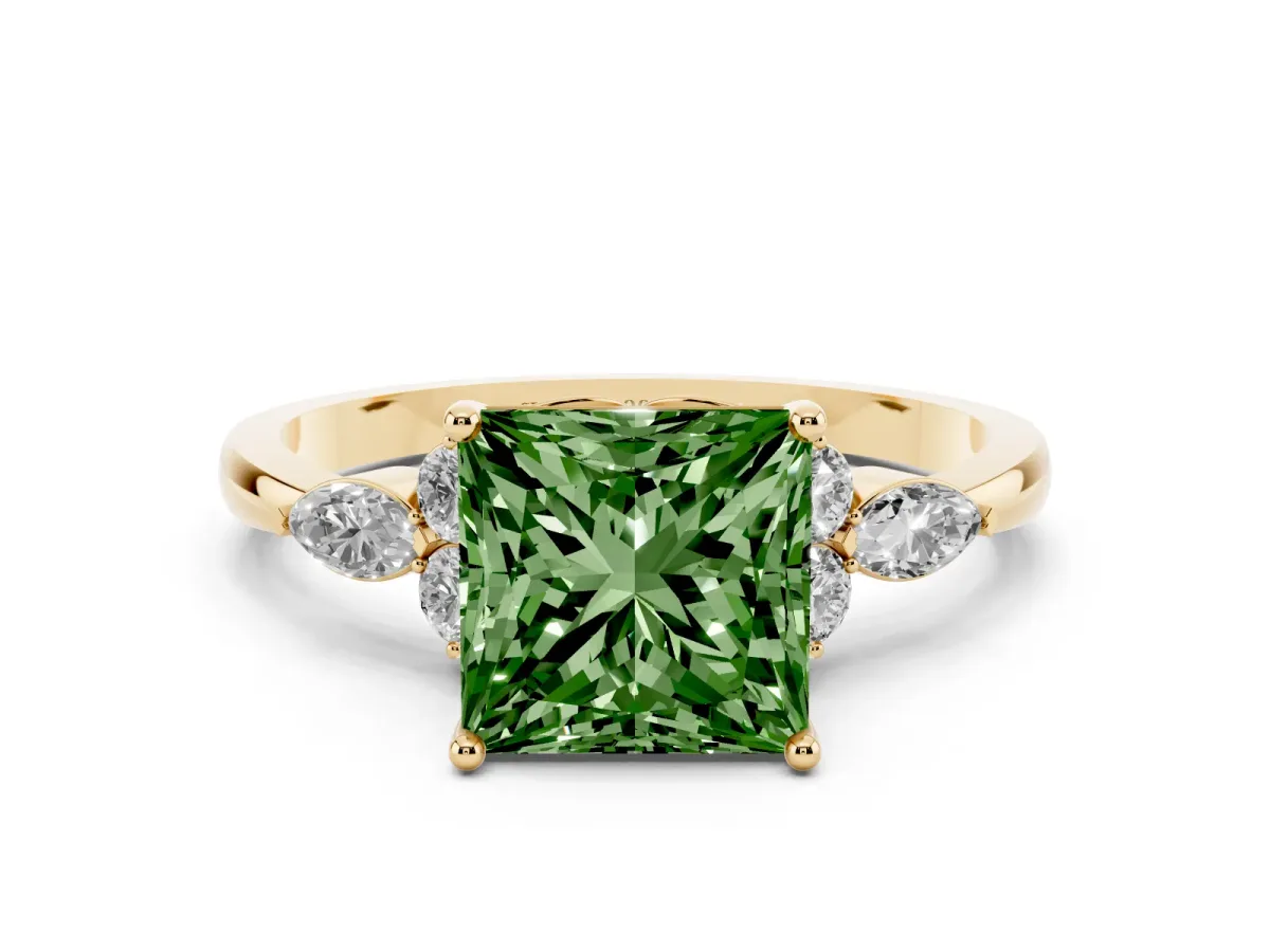 Fancy Green Princess Cut Brilliant Diamond Solitaire Ring with Pear Side Stones and Four-Prong Setting Yellow gold